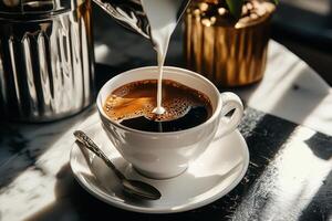 Coffee Being Poured Into a Cup on a Marble Table With Sunlight Streaming in From the Side photo
