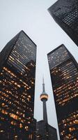 City Skyline View With Illuminated Buildings and CN Tower in Toronto During Evening Twilight photo