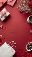 Creative Valentines Day Display With Gifts, Chocolates, and Decorations on Red Background photo