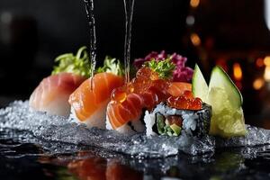 Fresh Sushi Platter With Assorted Seafood and Colorful Toppings in an Elegant Presentation. photo
