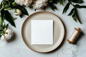 White Card on a Plate Surrounded by Flowers and Thread for Creative Projects and Invitations photo