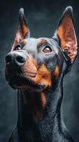 Doberman Dog With Striking Features and Attentive Expression Captured in a Studio Setting. photo