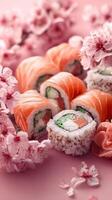 Colorful Sushi Platter Arranged With Pink Cherry Blossoms on a Vibrant Background. photo