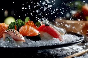 Fresh Sushi Platter With Assorted Seafood and Colorful Toppings in an Elegant Presentation photo