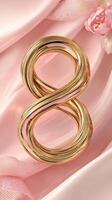 Elegant Wedding Rings Intertwined With Delicate Pink Ribbon on a Soft Surface. photo
