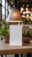 Modern Cafe Setting With Minimalistic Decor and Warm Lighting Featuring Potted Plants photo