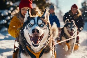 Enjoying a Snowy Dog Sledding Adventure in a Winter Landscape With Friends photo