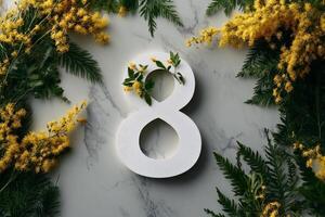Floral Arrangement Featuring Number Eight With Yellow Flowers and Greenery on Marble Background. photo
