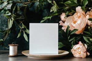 Elegant Blank Canvas Surrounded by Fresh Flowers and Sewing Supplies on a Rustic Table photo