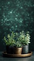 Lush Green Plants Arranged Artistically on a Dark Background With Soft Bokeh Effect photo