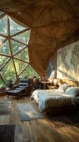 Cozy and Modern Geodesic Dome Bedroom With Forest View in a Peaceful Retreat Setting. photo