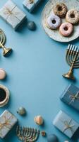 Festive Donuts and Gifts Arranged Around a Menorah on Blue Background During a Holiday Celebration. photo