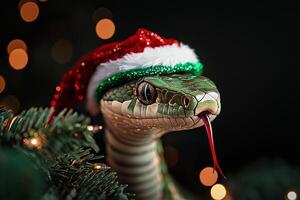 Snake in Festive Hat Surrounded by Holiday Decorations During Winter Season photo