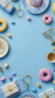 Festive Donuts and Gifts Arranged Around a Menorah on a Blue Background During a Holiday Celebration. photo
