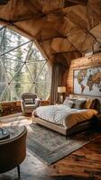 Cozy and Modern Geodesic Dome Bedroom With Forest View in a Peaceful Retreat Setting photo