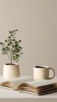 Cozy Reading Corner With a Plant and a Coffee Cup on a Simple Table photo