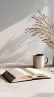 Cozy Reading Corner With a Plant and a Coffee Cup on a Simple Table. photo
