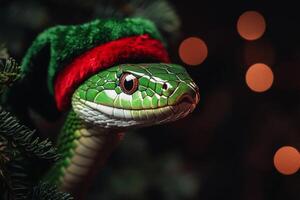 Unique Green Snake Wearing Festive Hat Among Christmas Decorations in Cozy Indoor Setting photo