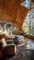 Unique Geometric Wooden Room With Large Windows and a Cozy Bed in a Forest Setting photo