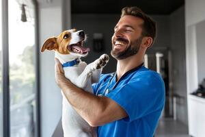 Smiling Veterinarian Holds Happy Dog in Modern Clinic During Daytime Visit photo
