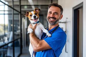 Smiling Veterinarian Holds Happy Dog in a Modern Clinic During Daytime Visit. photo