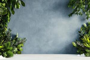 Vibrant Green Plants Frame a Textured Blue Backdrop in a Natural Setting photo