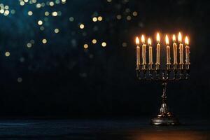 Beautifully Lit Menorah With Candles Glowing During a Festive Occasion in a Cozy Setting. photo