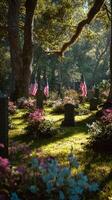 Beautiful Cemetery With Flags and Flowers During Golden Hour in a Serene Location. photo
