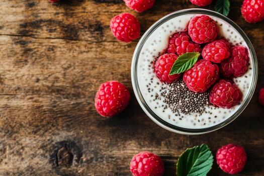 Fresh Raspberries and Chia Seeds in Yogurt on Rustic Wooden Table photo