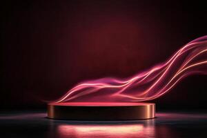Dark Background With Illuminated Round Platform and Flowing Light Trails Creates Dramatic Ambiance. photo