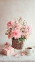 Beautiful Pink Flowers in a Woven Vase With a Cup of Coffee on a Soft Background. photo