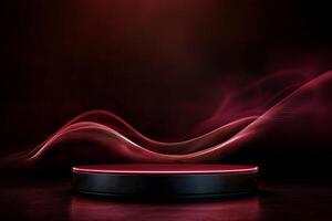 Dark Background With Illuminated Round Platform and Flowing Light Trails Creates Dramatic Ambiance photo