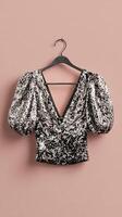 Elegant Sequin Top Displayed on Hanger Against Pastel Background in Indoor Setting photo
