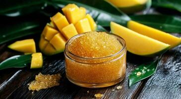Delicious Mango Pulp With Vibrant Mango Slices and Fresh Leaves on Wooden Table. photo