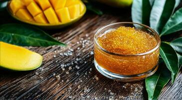Delicious Mango Pulp With Vibrant Mango Slices and Fresh Leaves on Wooden Table photo