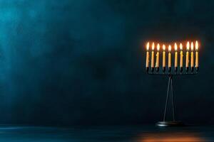 Menorah Illuminated With Candles on a Dark Blue Background During a Festive Celebration photo