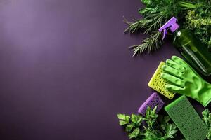 Cleaning Supplies and Fresh Herbs Arranged on a Dark Background for Household Activities photo