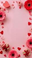 Romantic Arrangement of Flowers and Gifts on Soft Pink Background for Special Occasions. photo