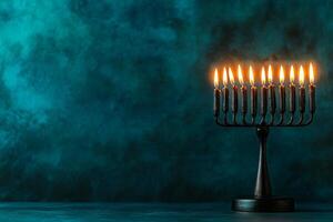 Menorah Illuminated With Candles on a Dark Blue Background During a Festive Celebration. photo