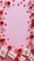 Romantic Arrangement of Flowers and Gifts on Soft Pink Background for Special Occasions photo
