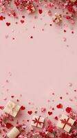 Romantic Gift Arrangement With Hearts and Flowers on a Pink Background for Special Occasions. photo