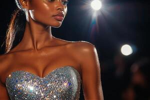 Model Showcasing Shimmering Evening Gown at Fashion Show During Nighttime Event photo