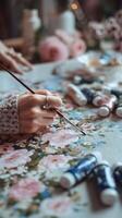 Creative Painting Session on Floral Fabric With Vibrant Colors and Intricate Designs. photo