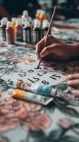 Creative Painting Session on Floral Fabric With Vibrant Colors and Intricate Designs photo