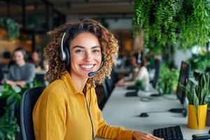 Smiling Call Center Representative Engaged in a Customer Support at Vibrant Office Environment. photo