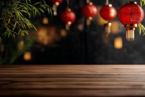 Red Lanterns Illuminate a Wooden Table in a Cozy, Dimly Lit Setting for a Festive Atmosphere photo