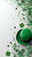 Festive Green Hat With Decorations and Clovers for Celebration on a Marble Background. photo