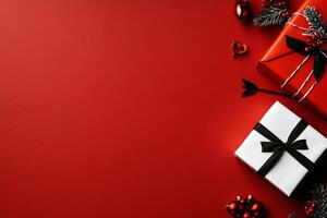 Festive Gift Arrangement With Red Background and Decorative Elements for a Celebration. photo
