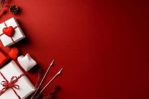Festive Gift Arrangement With Red Background and Decorative Elements for Celebration. photo