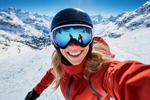 Smiling Skier Takes Selfie Against Stunning Mountain Backdrop in a Winter Sunshine. photo